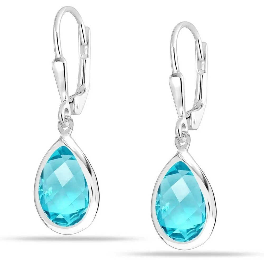 Women's Sterling Silver Drop Created Birthstone Leverback Light Blue Earring - Picture 4 of 6